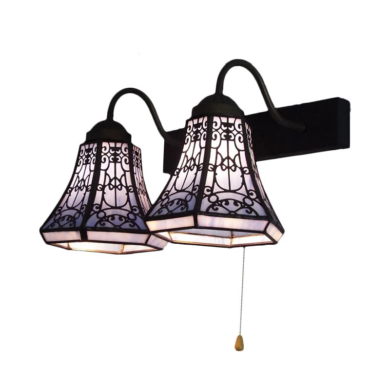 Blue Flared Wall Light Fixture Tiffany 2 Heads Stained Glass Sconce Lighting with Pull Chain Switch
