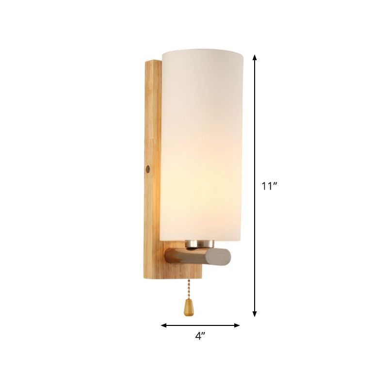 White Glass Cylinder Sconce Light Modern 1 Bulb Wall Mount Lighting with Rectangle Wood Backplate