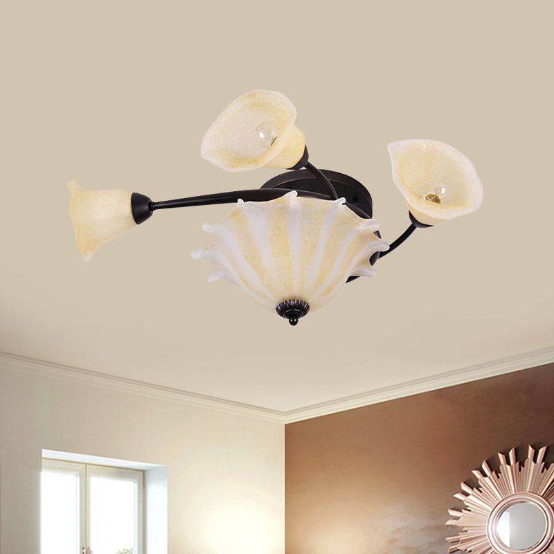 3-Light Flush Mount Lamp Countryside Whirled Frosted Glass Ceiling Lighting in Black