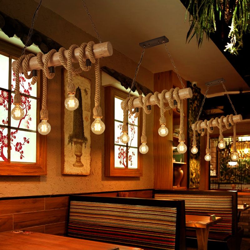 4-Head Open Bulb Island Lighting Fixture Rural Wood Hand-Wrapped Rope Suspension Light