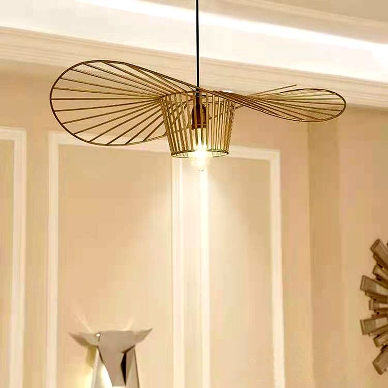 Indoor Metal 1-Light Hanging Light, Nordic Simple Straw Hat Cage Shade Pendant Light