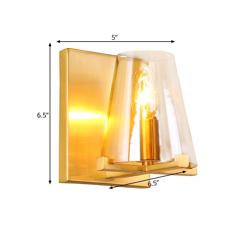 1 Head Wall Mount Light Colonialism Cone Shape Clear Glass Wall Sconce in Brass for Kitchen