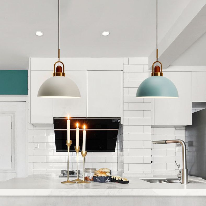 Metal Hemispherical Hanging Light Nordic Style 1 Light  Restaurant Ceiling Pendant Lamp with Wooden Top