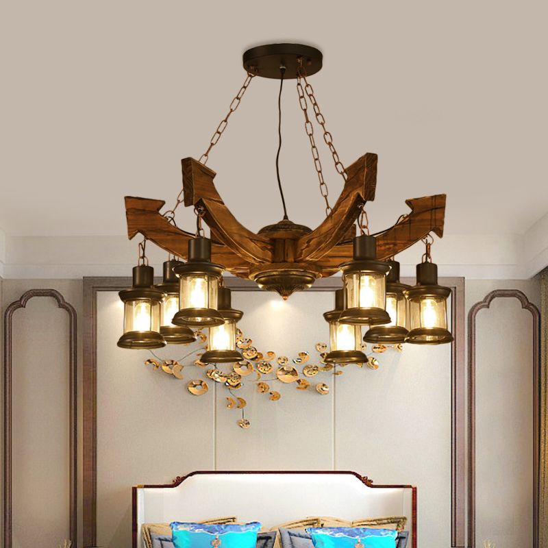 8 Lights Pendant Chandelier Farm Clear Glass Suspension Lamp in Black with Wood Anchor Deco