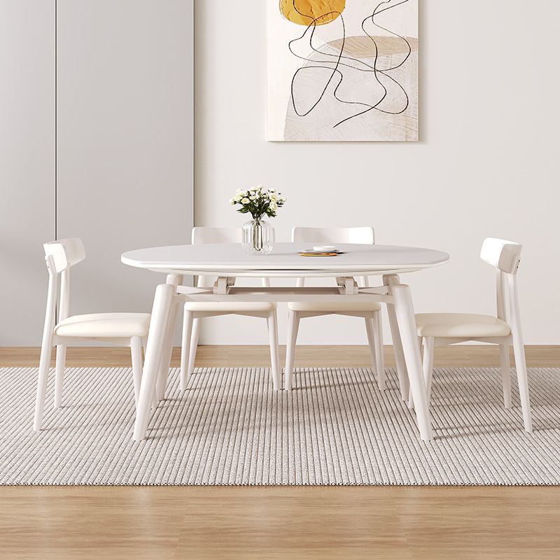 Contemporary Round Extendable Stone Dining Table with Wooden Legs