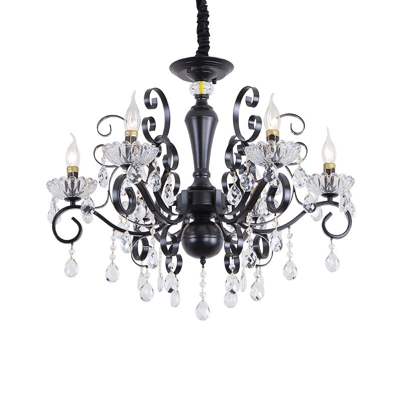 Clear Crystal Candelabra Suspension Pendant Traditional 6/8 Bulbs Parlor Chandelier with Droplets and Black Scroll Arms