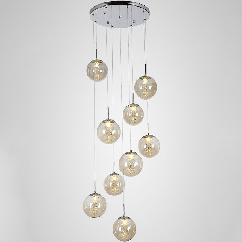 Round Shaded Staircase LED Hanging Lighting Glass Minimalist Multi Light Pendant