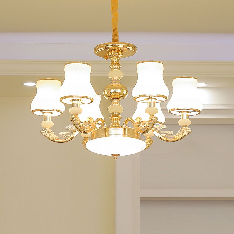 Gold Finish Ceiling Chandelier Transitional White Glass Curve Shade Pendant Lighting