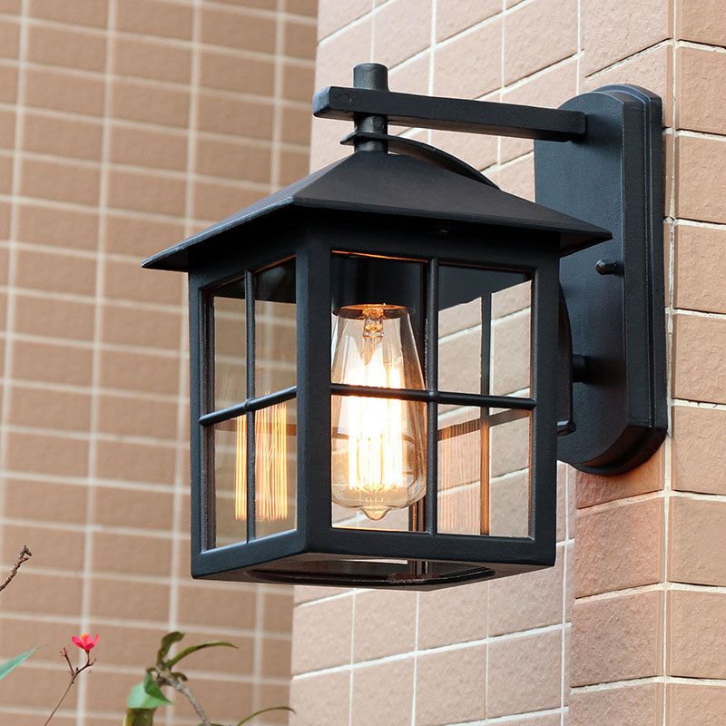 Squared Shade Clear Glass Wall Mount Light Retro 1-Light Courtyard Wall Sconce Light