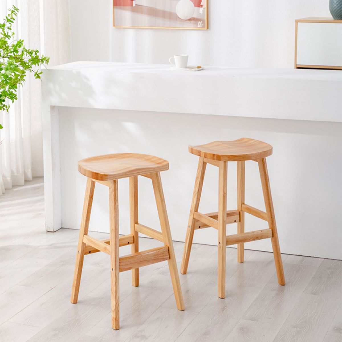 Contemporary Rubberwood Home Stool Solid Wood Backless Barstool