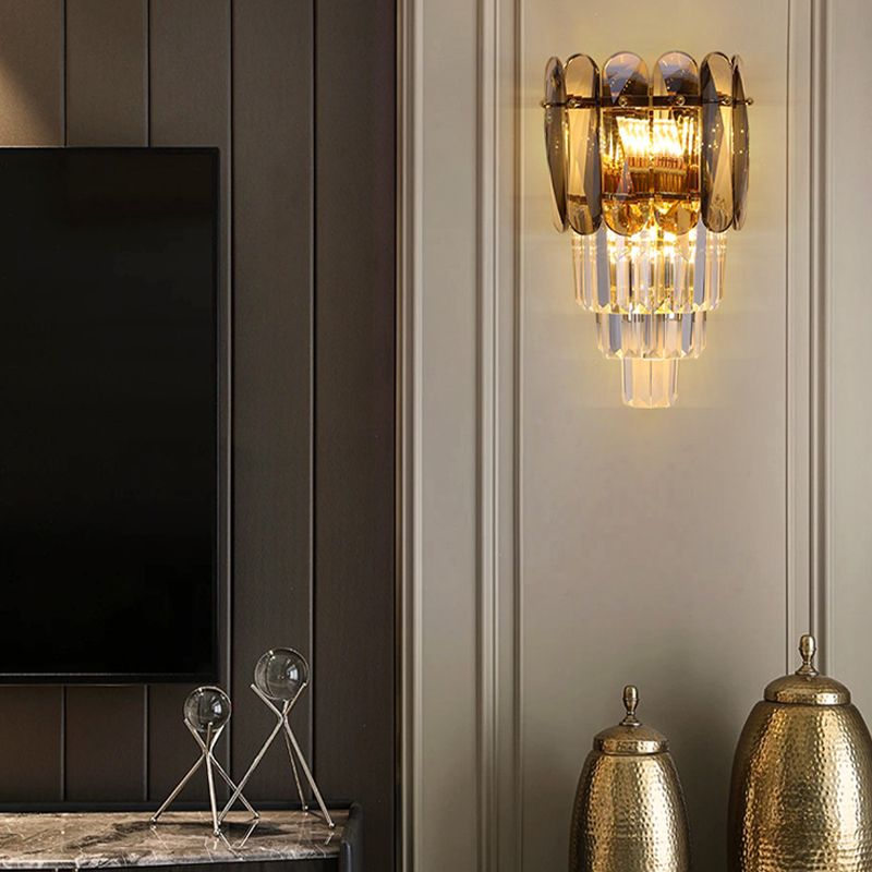 Modern Style Tiered Shape Wall Light Crystal 3 Light Sconces for Bedroom