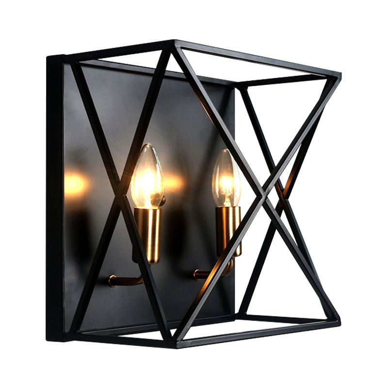 Squared Metal Sconce Light Fixture Farmhouse Style 2 Bulbs Black Finish Wall Lamp with Wire Frame