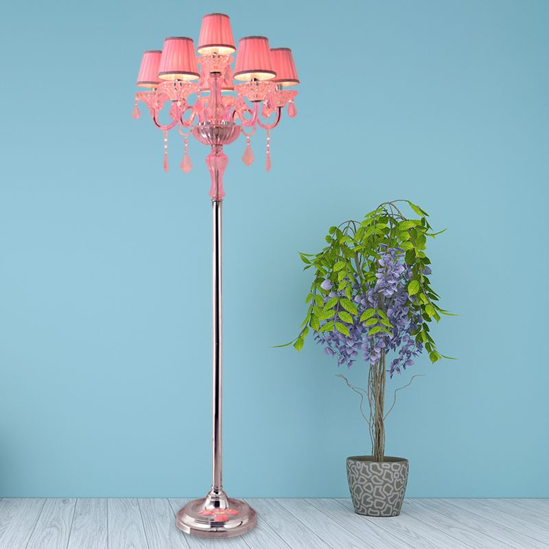 Lampada di lettura del pavimento rosa cristallino Candelestick 5/6/7-head Light Light con paralume a pieghe