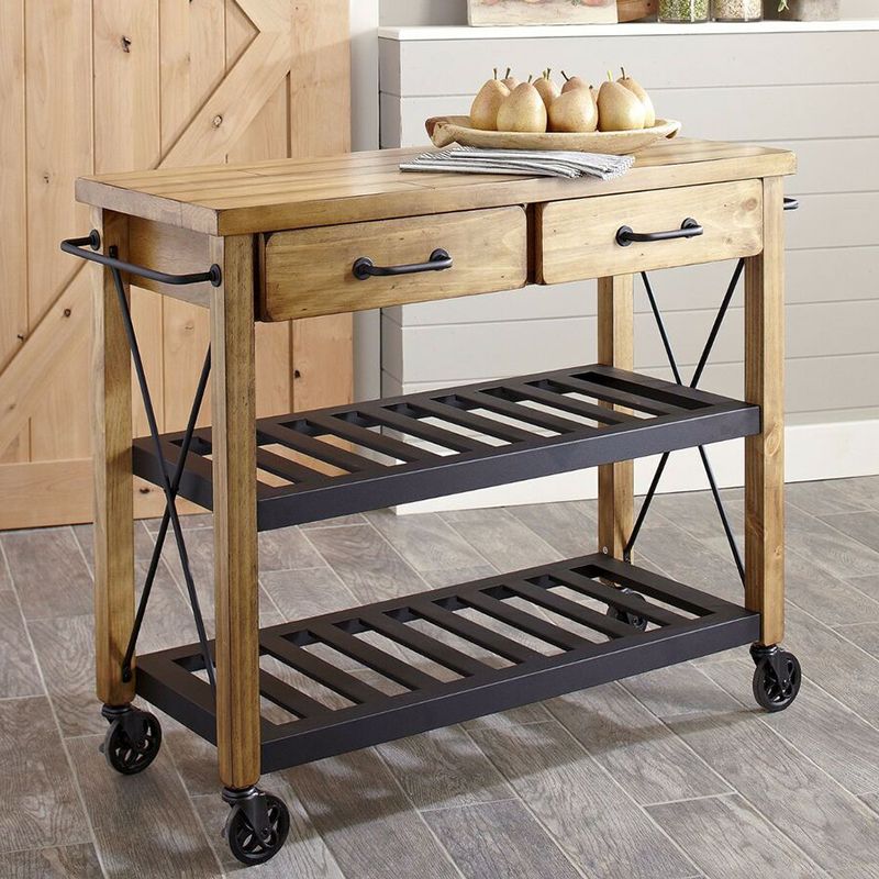 Contemporary Wood Kitchen Cart Rolling Metal Kitchen Cart with Open Storage