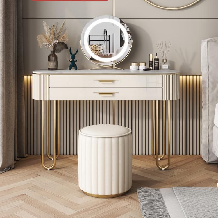Beige Vanity Metal and Engineered Wood Makeup Dressing Table Stool Set