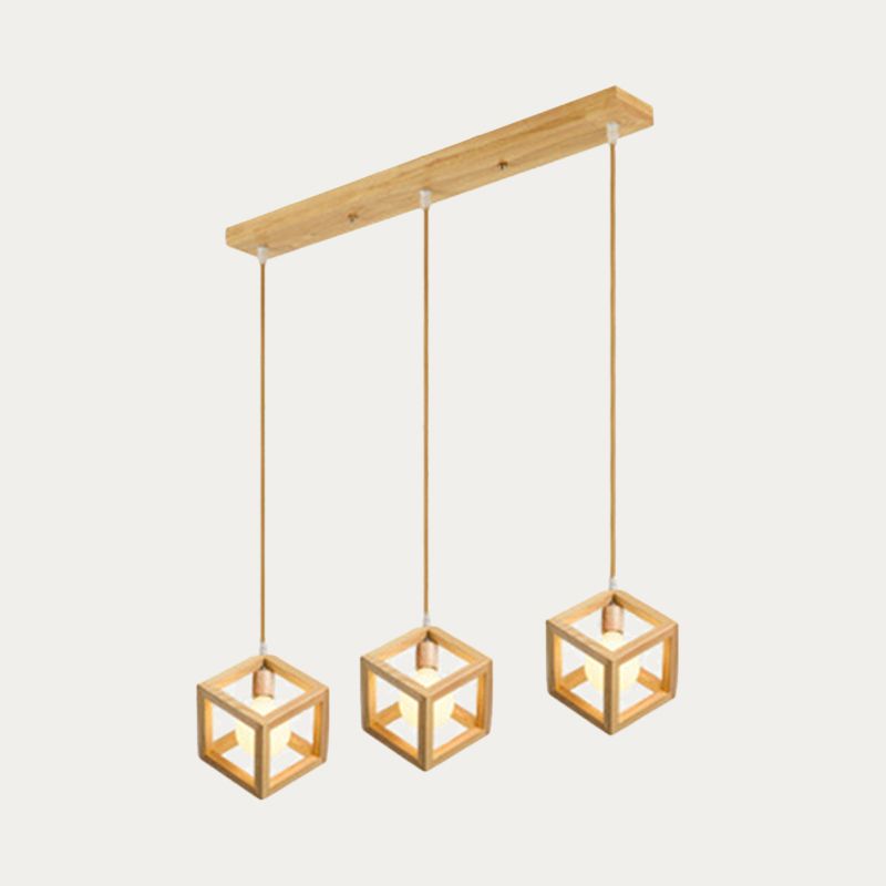 Quadratischer Multi -Licht -Anhänger Einfacher Holz 3 Lampenküche Hängende Leuchte