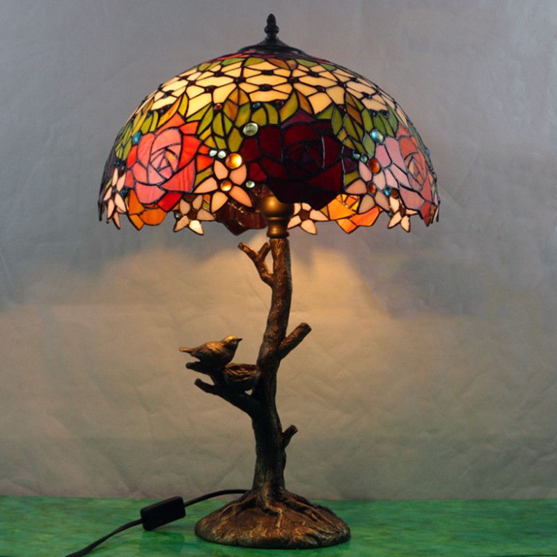 Antique Brass Single Light Nightstand Mediterranean Stained Glass Rose/Dragonfly/Victorian Night Table Light for Bedside