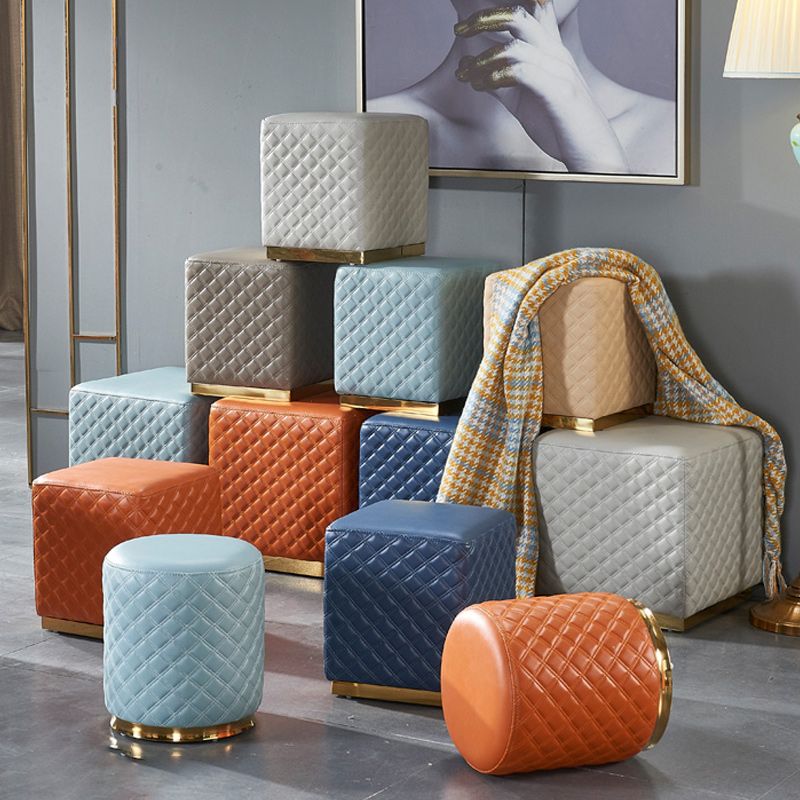 Glam Pouf Ottoman Genuine Leather Upholstered Solid Color Square Ottoman