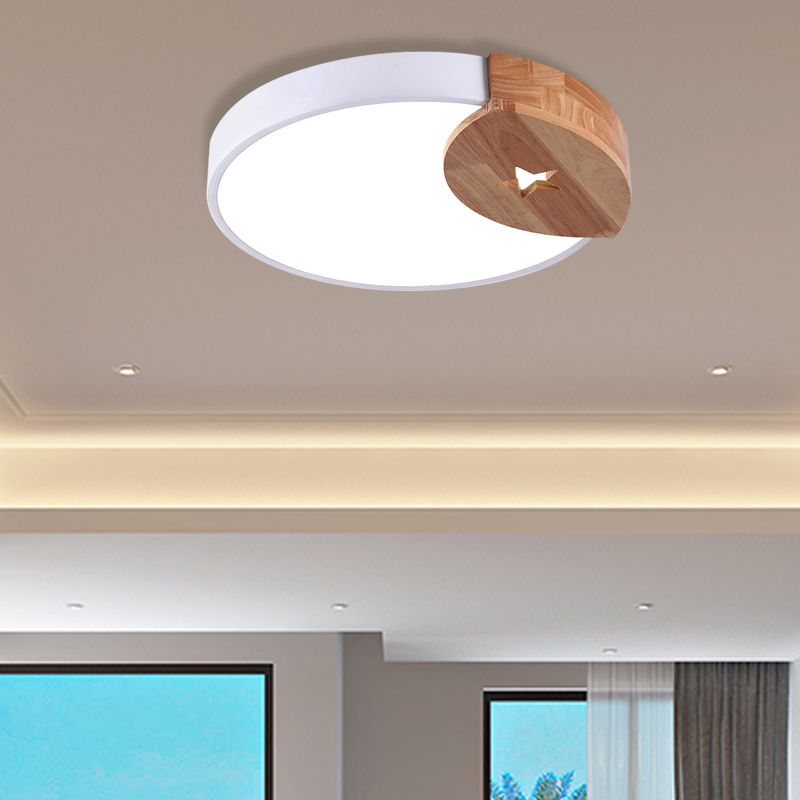 White Round Thin Ceiling Fixture Simple Acrylic 9"/12"/20" Wide LED Flush Mounted Lamp with Wood Guard, Warm/White Light
