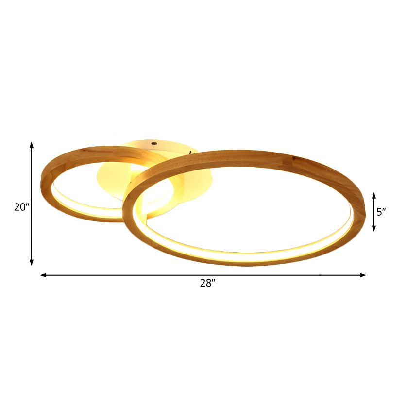 2-Tier Ring Wood Semi Flush Lamp Modern Led Brown Flush Semi Ceiling Light for Bedroom in Warm Light, 21.5"/28" Wide