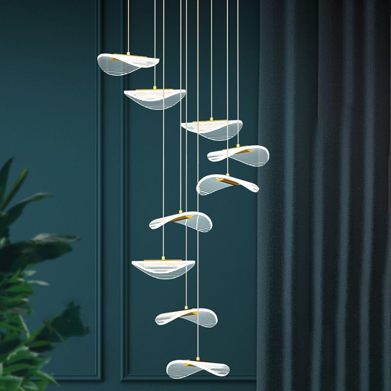 Lotus Leaf Shaped Acrylic Pendant Lamp Simplicity Brass LED Multiple Hanging Light for Stairs