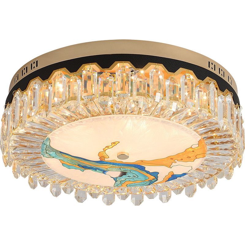 Creative Modern Drum Flush Mount Lamp Crystal Block Bedroom LED Ceiling Light in Brass
