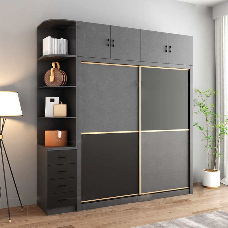 Manufactured Wood Grey Cabinet with Clothes Rail Modern Wardrobe with Sliding Doors