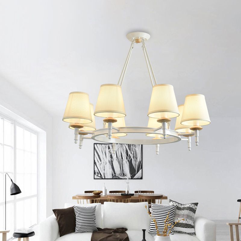 Modern Barrel Ceiling Pendant Light Fabric 8 Heads Living Room Chandelier Lighting in White