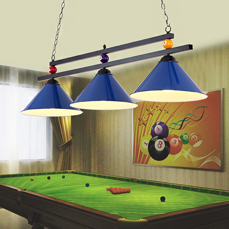 Industrial Style Cone Shade Ceiling Pendant 3 Heads Metal Island Lighting with Billiard Ball Deco in Black/Red