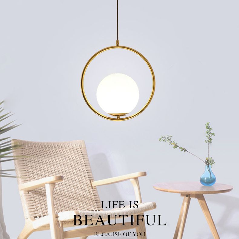 13.7 Inches Wide Golden Ring Hanging Lamp Globe Glass Shade Post-modern Style Hanging Light