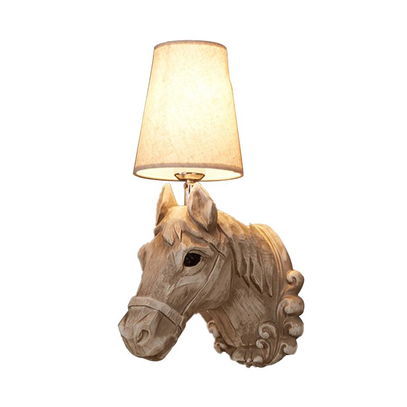 1 Light Wall Lamp Lighting Traditional Horse Resin Sconce Light Fixture in Light Brown with Tapered Fabric Shade