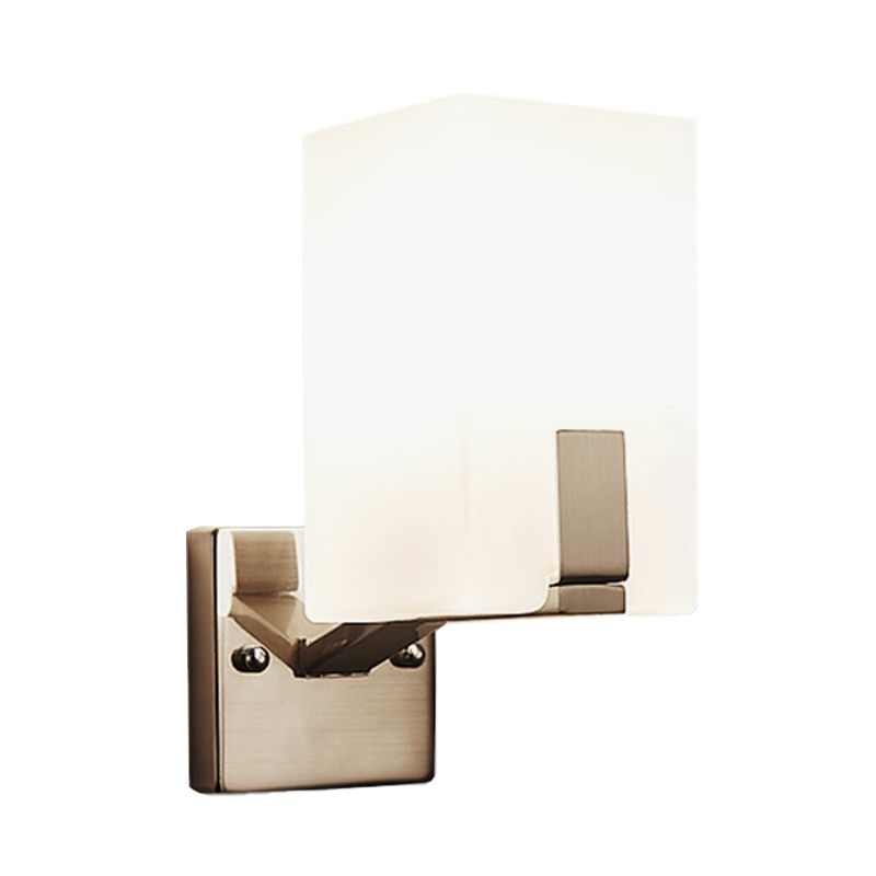 White Frosted Glass Cuboid Wall Light Sconce Modernism 1 Light Wall Mounted Lamp in Nickel