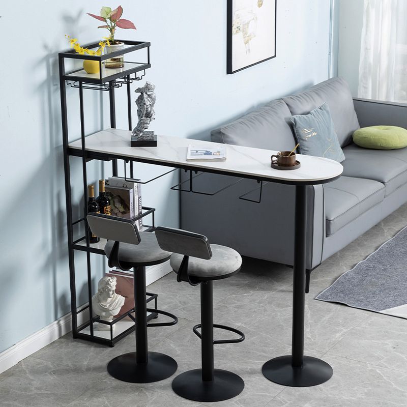 White Stone Indoor Glam Bar Dining Table Iron Double Pedestal Bistro Table with Wine Rack