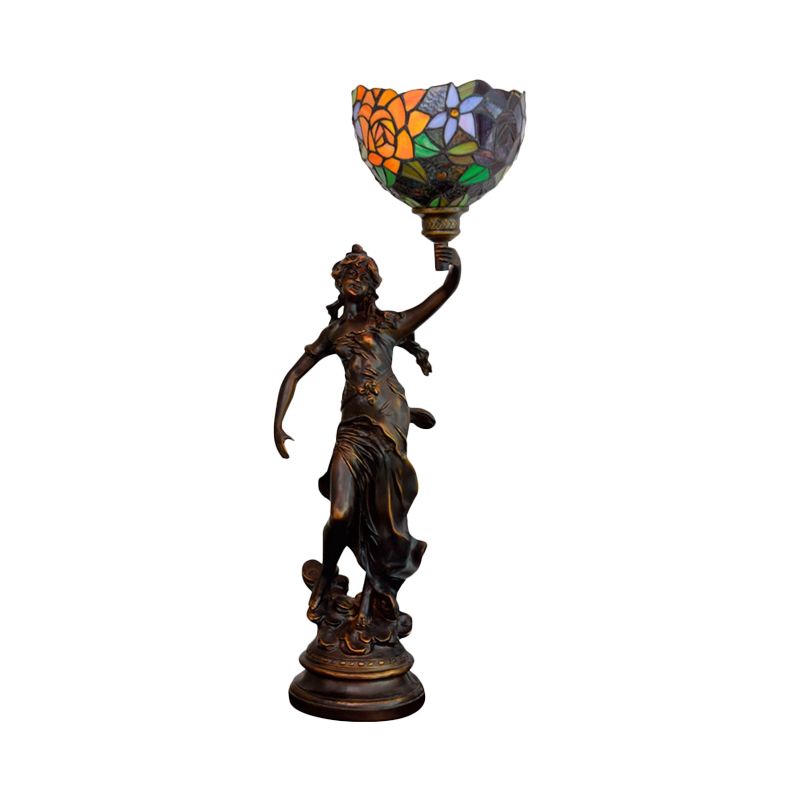 Angel Statue Night Stand Light Single White-Green/Orange/Green Floral Glass Tiffany Table Lighting in Bronze