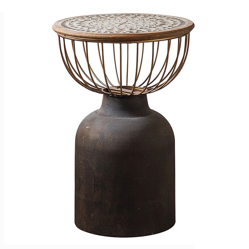 Rustic Iron Pedestal Round Wood Top Coffee Table - Distressed Surface Treatment