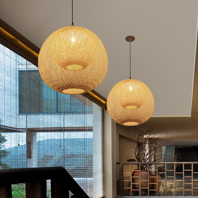Handcrafted Ceiling Light Chinese Bamboo 1 Bulb Beige Suspended Lighting Fixture