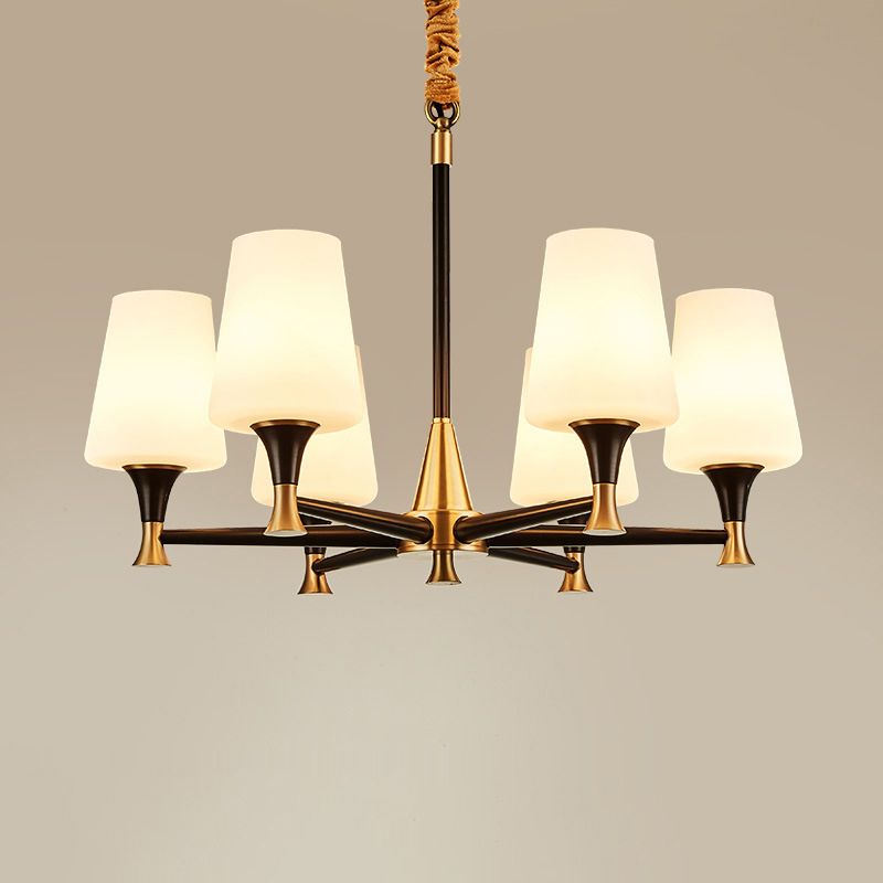 Conical White Glass Chandelier Light Traditional Bedroom Ceiling Suspension Lamp in Black
