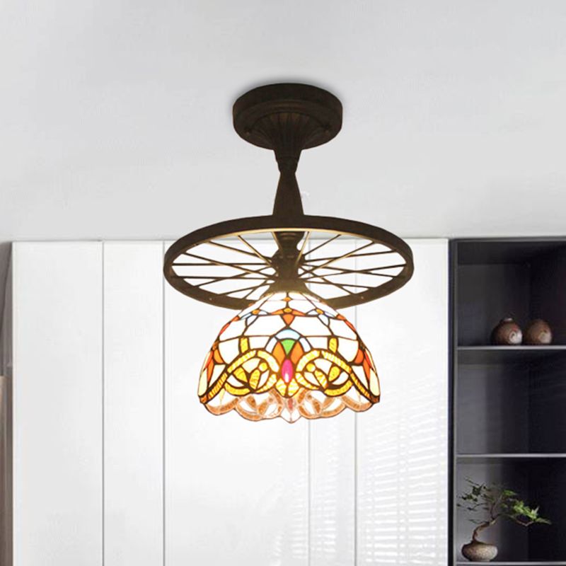 Tiffany Domed Semi Flush Mount Light with Wheel 1 Bulb Stained Glass Ceiling Light in Orange/Beige for Bedroom