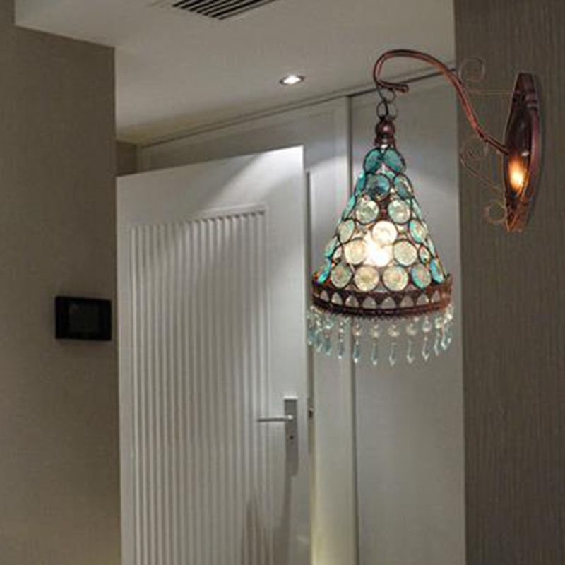 1 Bulb Metal Wall Lamp Art Deco Yellow/Blue/Purple Tapered Dining Room Wall Mounted Lighting with Dangling Glass