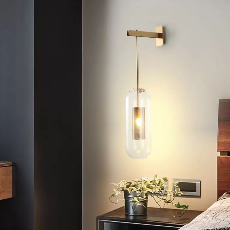Modern Brass Pencil Arm Wall Sconce with Cylindrical Glass Wall Hanging Lamp Sconce