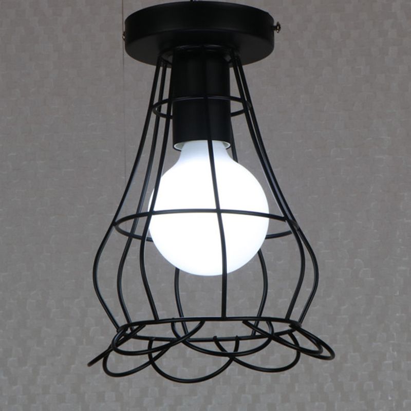 Black 1-Light Semi Flush Ceiling Light in Industrial Vintage Style Wrought Iron Flush Mount with Iron Frame