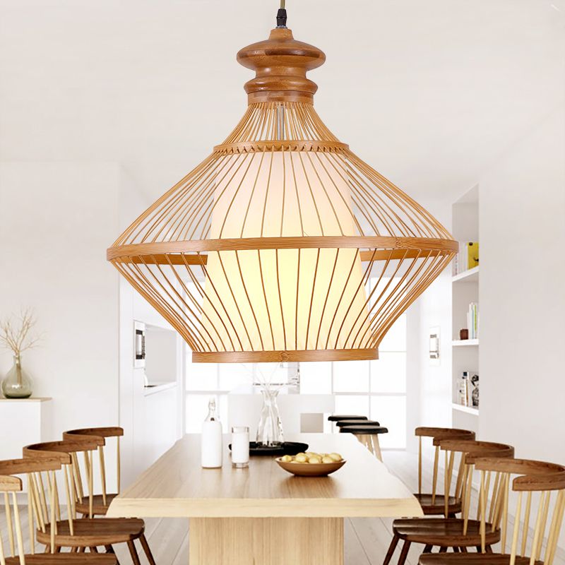 Bamboo Urn Ceiling Lamp Japanese 1 Head Hanging Pendant Light in Beige with Inner Tapered White Parchment Shade