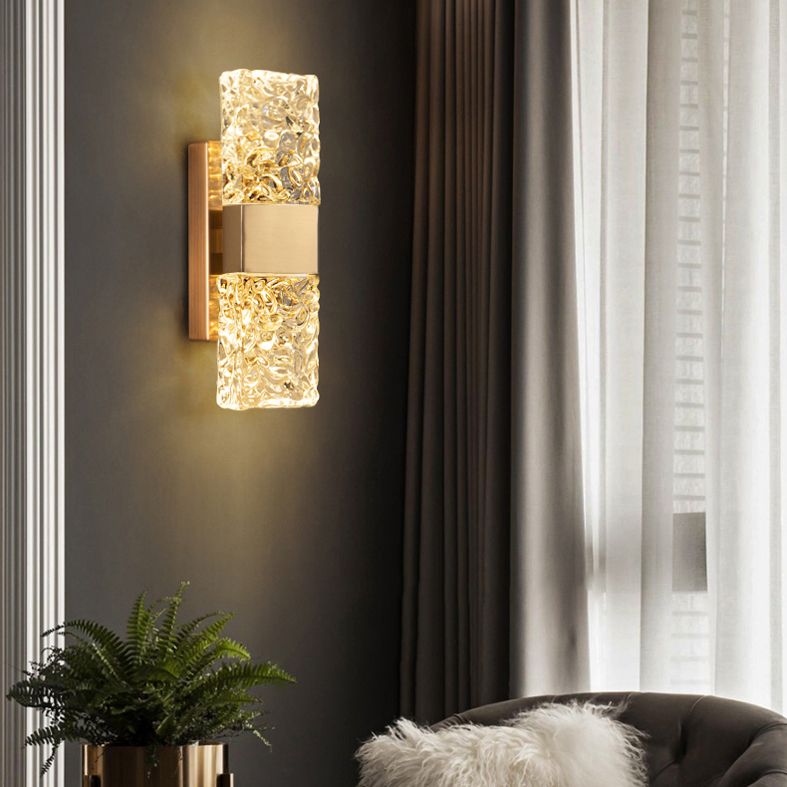 Rectangular Ripple Crystal Indoor Wall Light Postmodern Style Lighting Sconce in Electroplated Gold for Living Room
