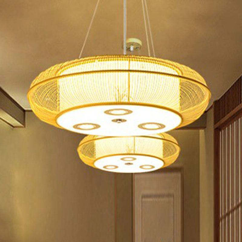 Simplicity Rounded Drum Chandelier Lighting Bamboo Restaurant Pendant Light Fixture