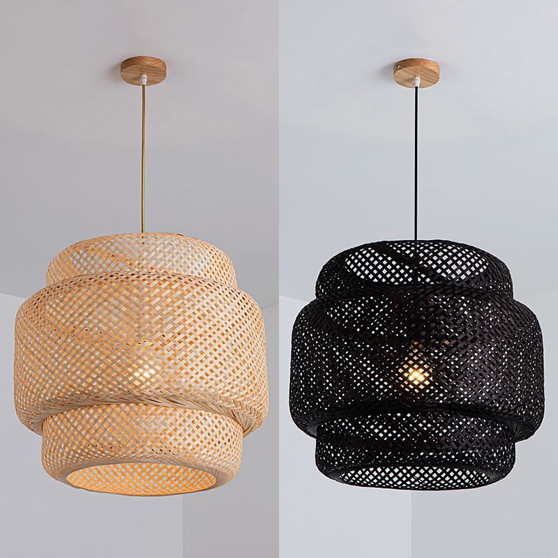 Lantern Bambus Rattan Form Anhänger Hängende Lampe Asien Stil 1 Licht hängende Deckenleuchte für Wohnzimmer