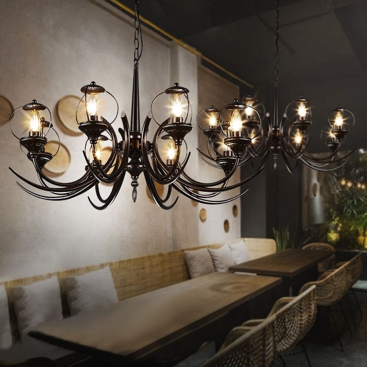 Farmhouse Wire Guard Chandelier Lighting with Curved Arm 8 Heads Iron Hanging Light Fixture in Black