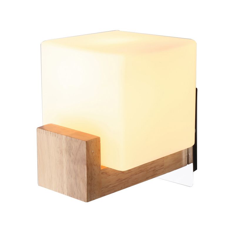 Contemporary 1 Head Sconce Light Wood Square Wall Mounted Lighting with White Glass Shade