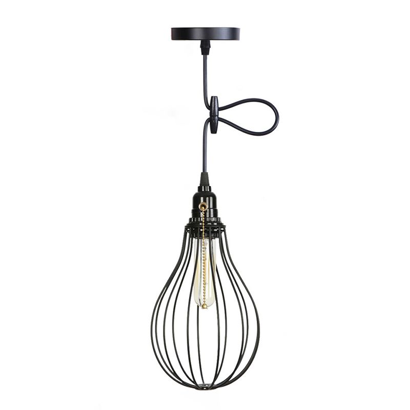 Vintage Industrial Style Metal Cage Hanging Light with Pulled Chain Switch Design Single Bulb Coffee Shop Pendant Lamp