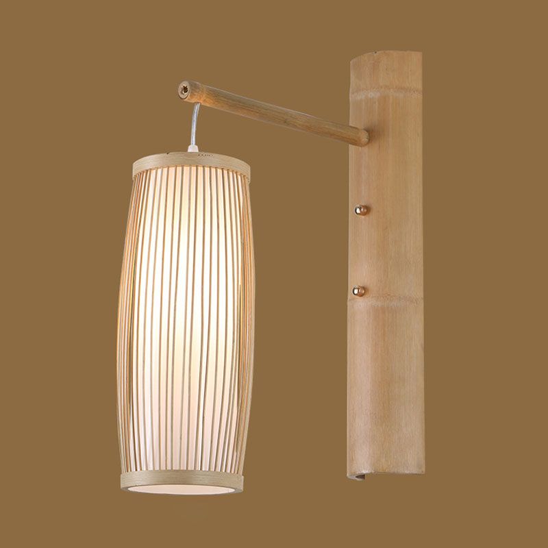 Hand-Worked Bedside Lantern Wall Sconce Bamboo 1 Head Asian Wall Mount Light in Wood