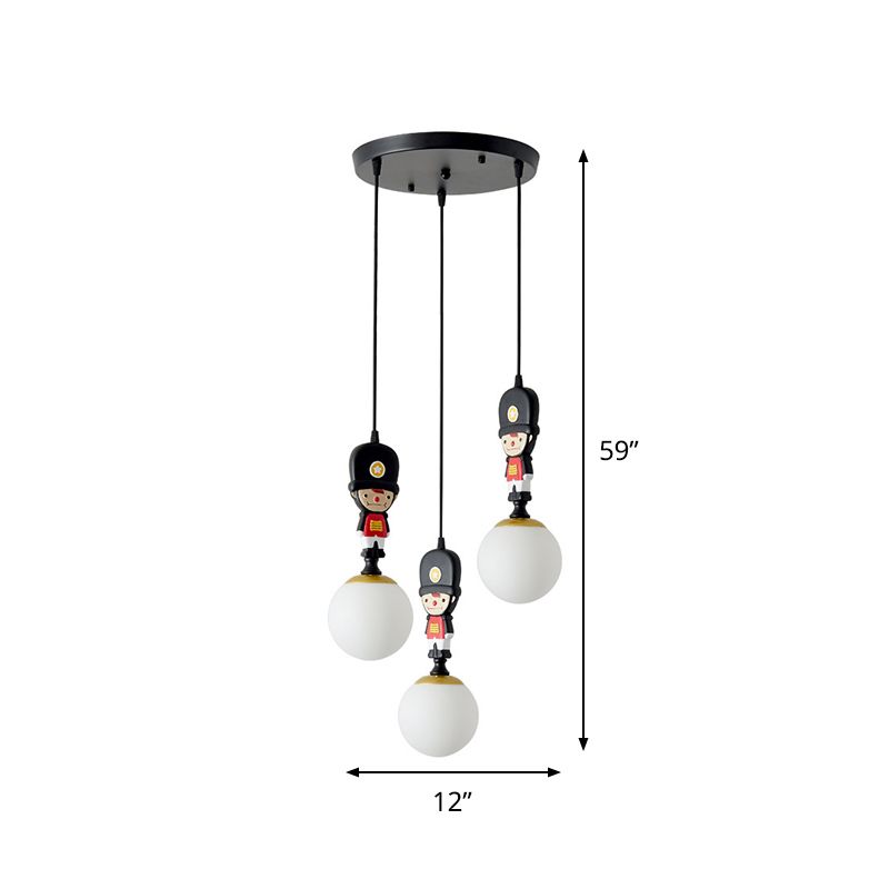 Globe Hanging Light Kit Cartoon Glass 3 Heads Black Muti Light Pendant with Soldier Decoration